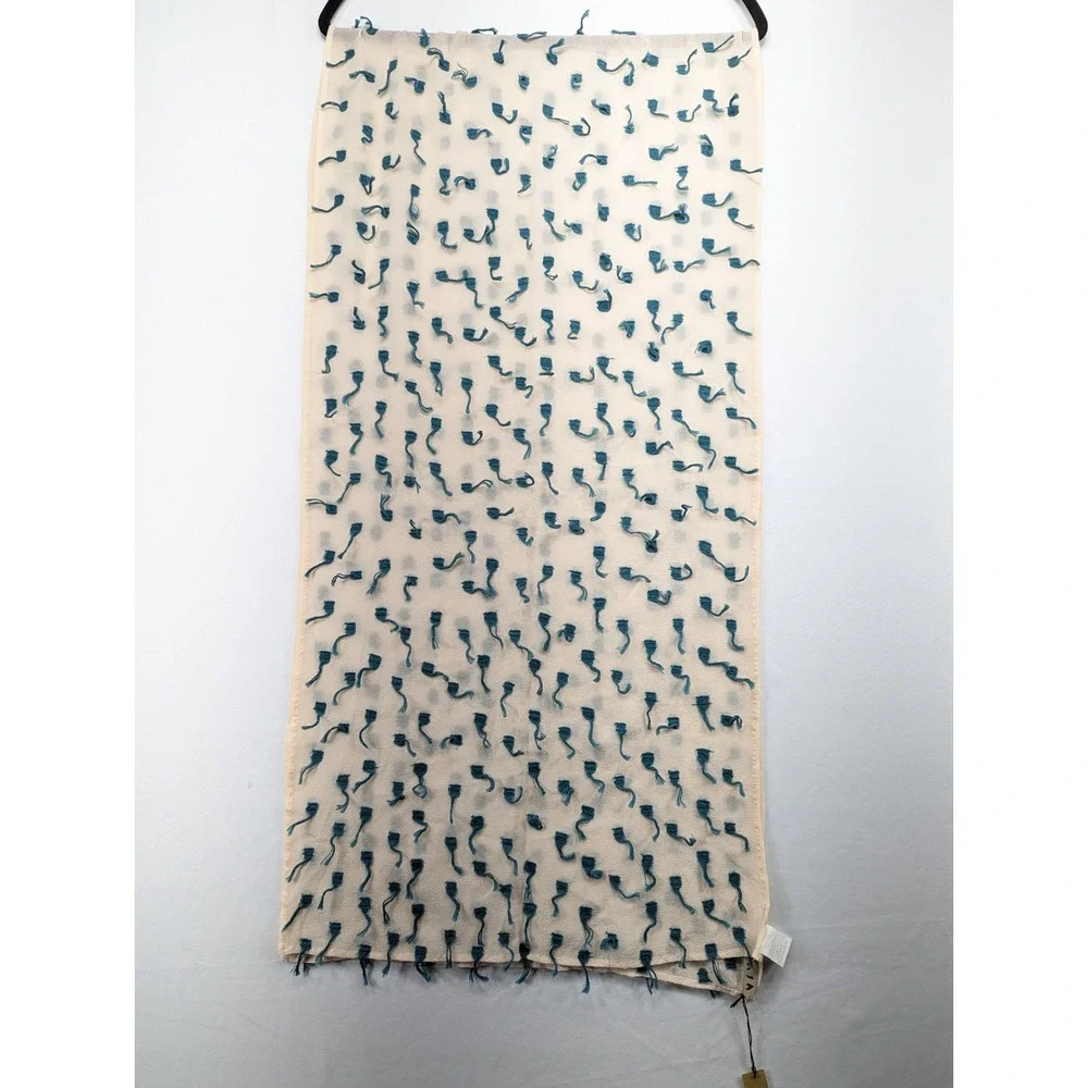 Biasa 100%‎ Silk Scarf Cream Teal Blue Tufted Fringe Textured 17